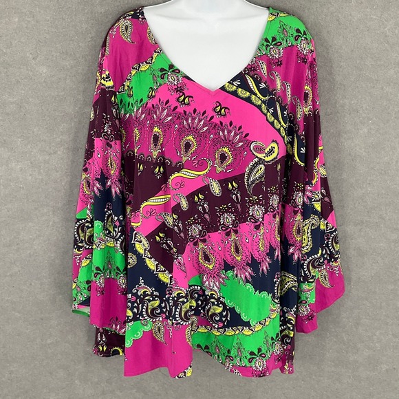 Attitudes by Renée Top 3X Multicolor Paisley Print V-Neck Liquid Knit Blouse - Picture 1 of 13